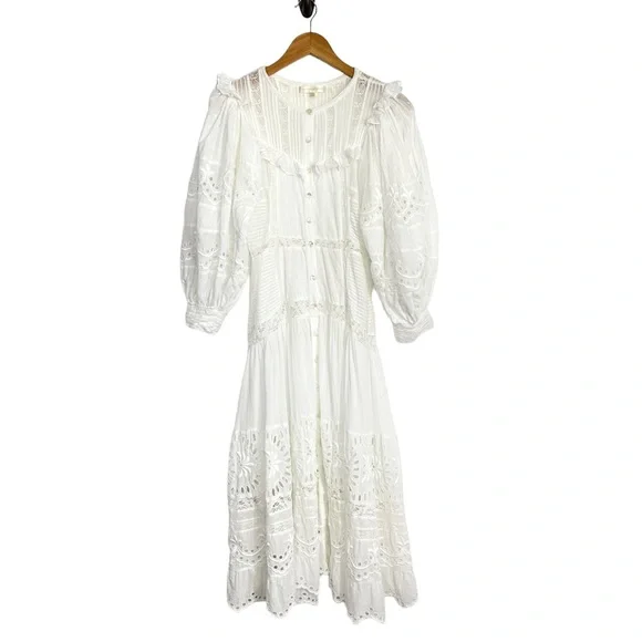 LoveShackFancy Womens Titania Midi Dress Sz 0 White Eyelet Embroidered Romantic - Picture 3 of 11
